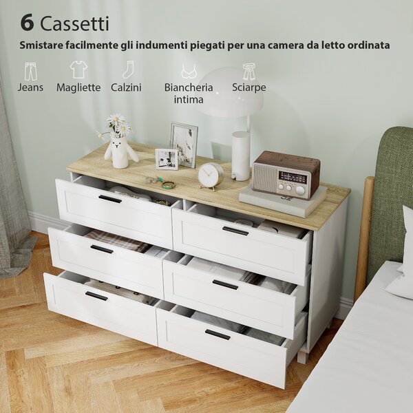 HOMCOM Cassettiera 6 Cassetti Moderna in Truciolato, Legno di Pino e MDF, 120x38x71 cm, Bianco e color Legno | Aosom Italy