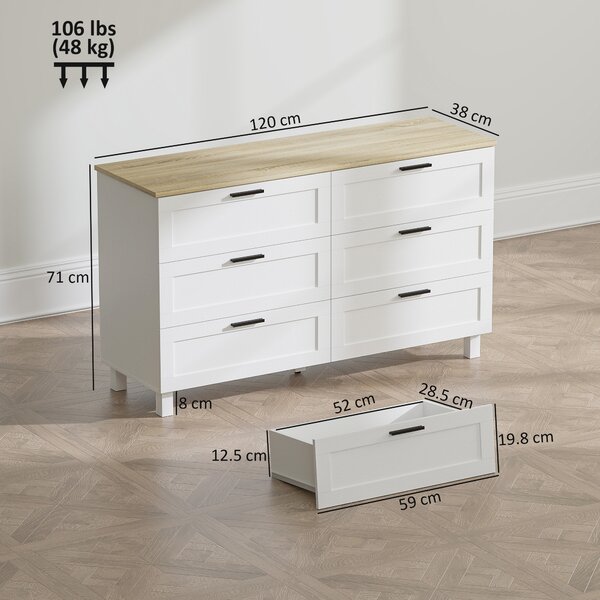 HOMCOM Cassettiera con 6 cassetti, con piedini in pino, stile moderno, 120 x 38 x 71 cm, legno naturale e bianco | Aosom Italy