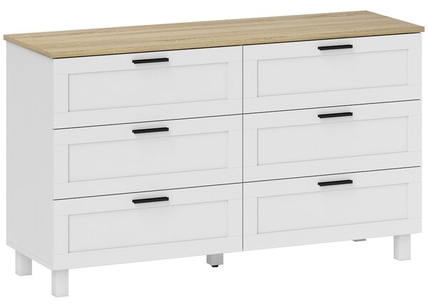 HOMCOM Cassettiera con 6 cassetti, con piedini in pino, stile moderno, 120 x 38 x 71 cm, legno naturale e bianco | Aosom Italy