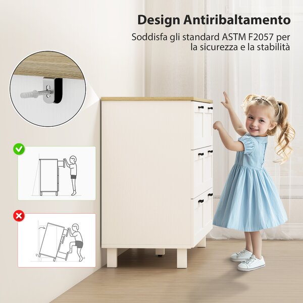 HOMCOM Cassettiera 6 Cassetti Moderna in Truciolato, Legno di Pino e MDF, 120x38x71 cm, Bianco e color Legno | Aosom Italy