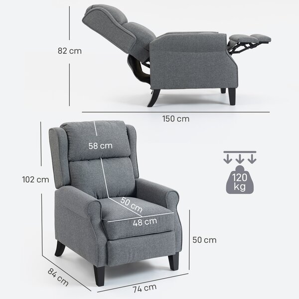 HOMCOM Poltrona salvaspazio Reclinabile con Poggiapiedi, Sedia imbottita Reclinabile in Tessuto Effetto Lino, 74x84x102 cm, Grigio | Aosom Italy