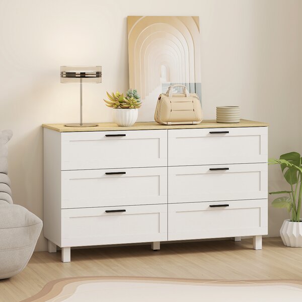 HOMCOM Cassettiera con 6 cassetti, con piedini in pino, stile moderno, 120 x 38 x 71 cm, legno naturale e bianco | Aosom Italy