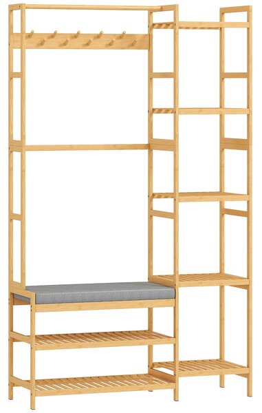 HOMCOM Appendiabiti con scarpiera, ganci per vestiti, attaccapanni, panca con cuscino, per corridoio, ingresso, legno naturale | Aosom Italy