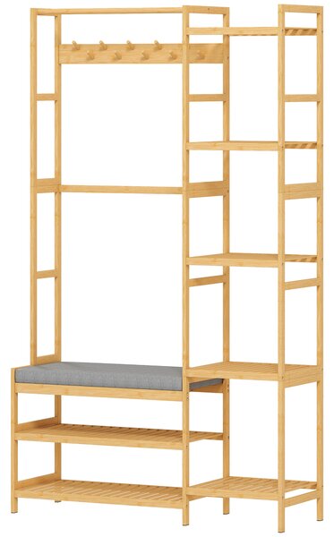 HOMCOM Appendiabiti con scarpiera, ganci per vestiti, attaccapanni, panca con cuscino, per corridoio, ingresso, legno naturale | Aosom Italy