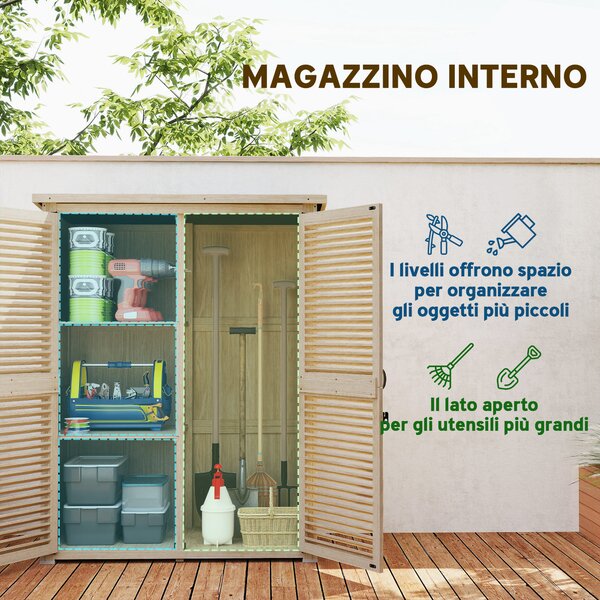 Outsunny Armadio a 2 Ripiani con Picchetti da Giardino, Portaoggetti in Legno di Abete, 127x65x159.5/168 cm, Legno Naturale | Aosom Italy