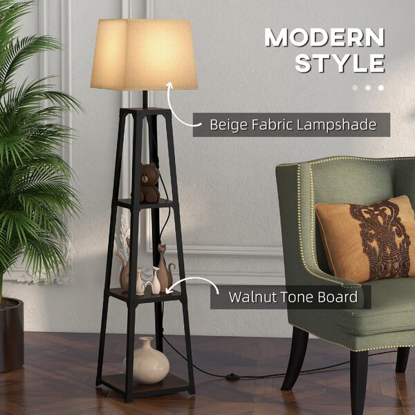 DecHome Lampada da Terra Moderna con 3 Ripiani Paralume in Tessuto Beige in Metallo e MDF colore Nero Marrone