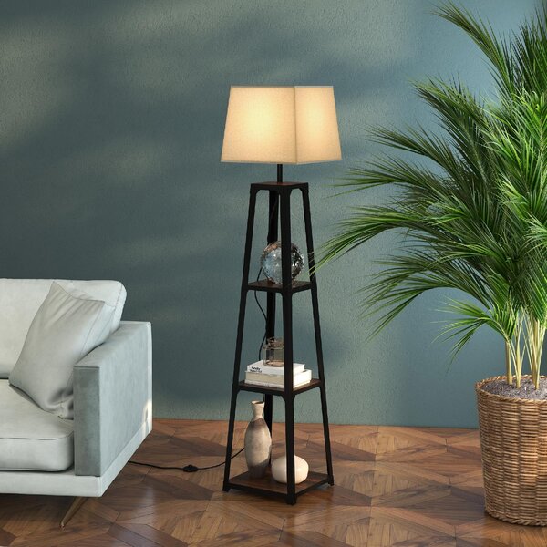 DecHome Lampada da Terra Moderna con 3 Ripiani Paralume in Tessuto Beige in Metallo e MDF colore Nero Marrone