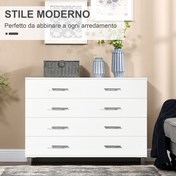 HOMCOM Cassettiera 4 Cassetti per Camera da Letto in Legno con Maniglie in Metallo, Bianco | Aosom Italy