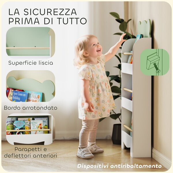 AIYAPLAY Libreria per Bambini con 3 Ripiani a Forma di Orsetto con Barriere Frontali, 55x15x110 cm, Verde | Aosom Italy