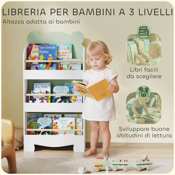 AIYAPLAY Libreria per Bambini con 3 Ripiani a Forma di Orsetto con Barriere Frontali, 55x15x110 cm, Verde | Aosom Italy