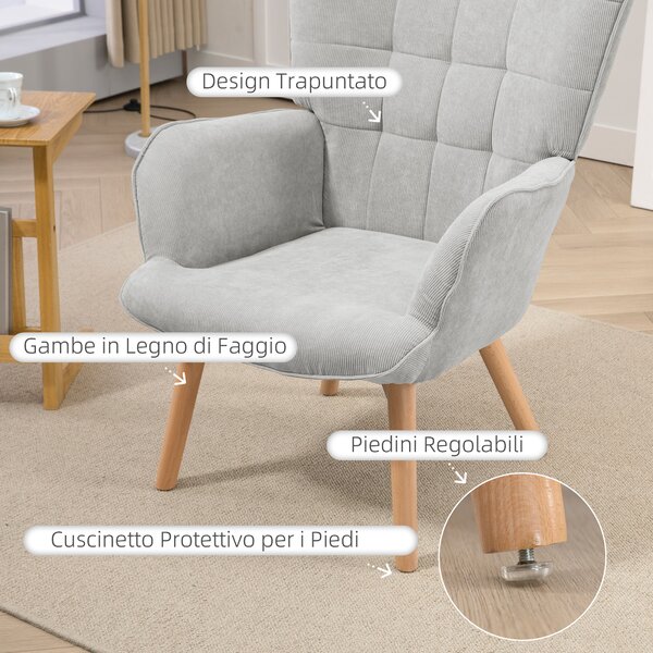 HOMCOM Poltrona Relax con Pouf Poggiapiedi in Velluto a Costine con Schienale Alto e Braccioli, Grigio | Aosom Italy