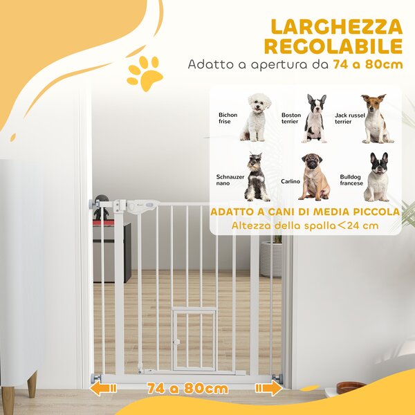 PawHut Cancellino per Cani con Porta Piccola, Montaggio a Pressione e Chiusura Automatica, 74-80x76.2cm, Bianco