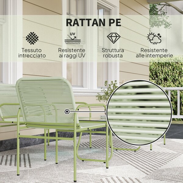 Outsunny Salotto da Esterno in Rattan PE con Divanetto, 2 Poltroncine e Tavolino con Piano in Vetro, Verde | Aosom Italy
