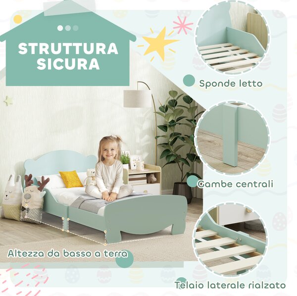 AIYAPLAY Lettino per Bambini con Testiera e Pediera a Orso e 2 Sponde Laterali, in Legno, 143.5x80x55 cm, Verde | Aosom Italy