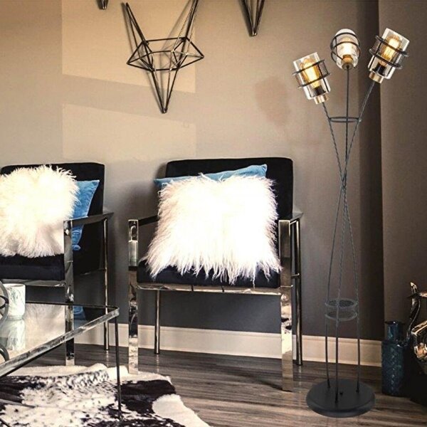 DecHome Lampada da Terra Stile Industriale Metallo Intrecciato 3 Luci Diffusori Vetro Fum Attacco E27 Dimensioni 33x166 cm colore Nero - Grande