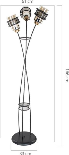 DecHome Lampada da Terra Stile Industriale Metallo Intrecciato 3 Luci Diffusori Vetro Fum Attacco E27 Dimensioni 33x166 cm colore Nero - Grande