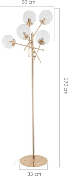 DecHome Lampada da Terra Stile Moderno in Metallo Verniciato Stelo Dritto con 5 Paralumi in Vetro Attacco E27 Dimensioni 60x170 cm colore Oro - Gon