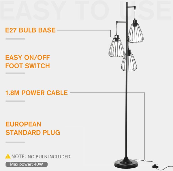 DecHome Lampada da Terra Vintage Stile Industriale 3 Luci Piantana in Metallo colore Nero