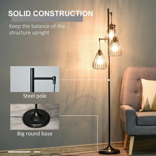 DecHome Lampada da Terra Vintage Stile Industriale 3 Luci Piantana in Metallo colore Nero
