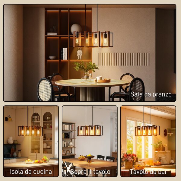 DecHome Lampadario a Sospensione Rustico con 4 Cornici Girevoli e Catena Regolabile 80x21x90-130 cm colore Nero/Marrone