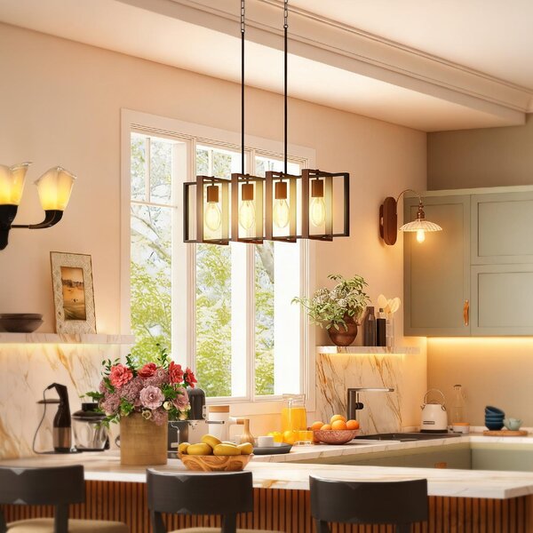 DecHome Lampadario a Sospensione Rustico con 4 Cornici Girevoli e Catena Regolabile 80x21x90-130 cm colore Nero/Marrone