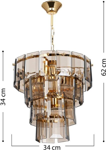 DecHome Lampadario a Sospensione in Metallo e Vetro Fum 4 Luci A Rettangoli Attacco E27 Facile da Pulire Dimensioni 62x34 cm colore Oro - Falez
