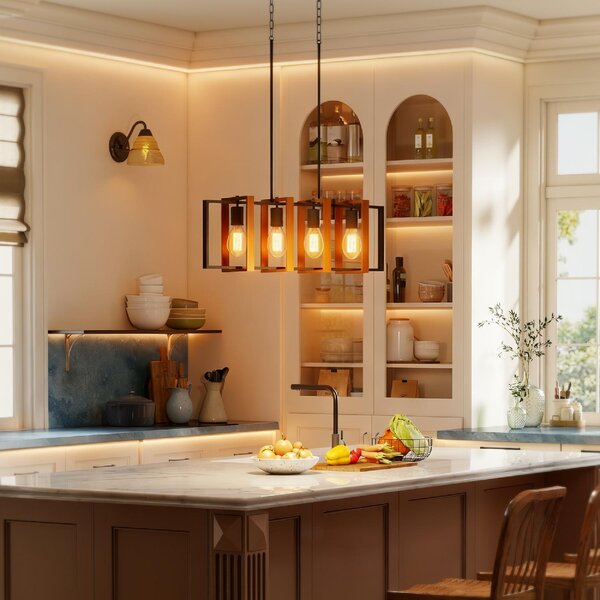 DecHome Lampadario a Sospensione Rustico con 4 Cornici Girevoli e Catena Regolabile 80x21x90-130 cm colore Nero/Marrone