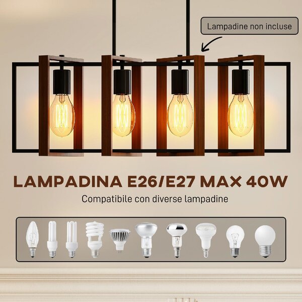 DecHome Lampadario a Sospensione Rustico con 4 Cornici Girevoli e Catena Regolabile 80x21x90-130 cm colore Nero/Marrone