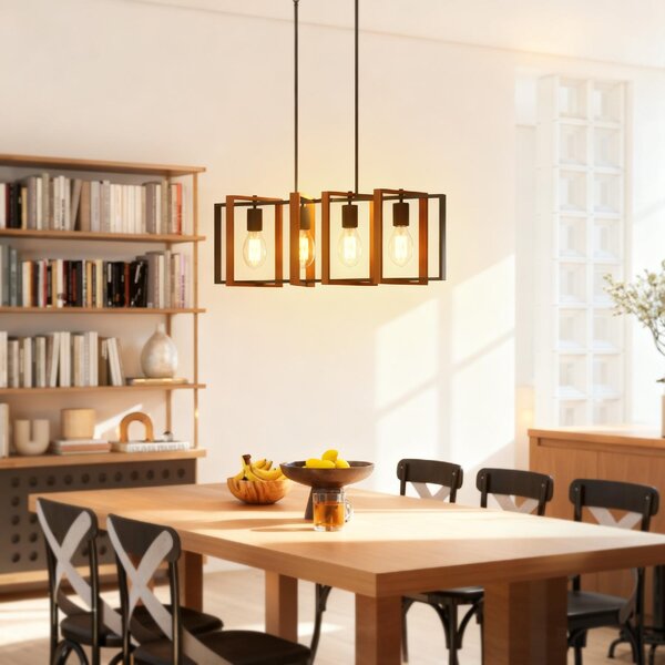 DecHome Lampadario a Sospensione Rustico con 4 Cornici Girevoli e Catena Regolabile 80x21x90-130 cm colore Nero/Marrone
