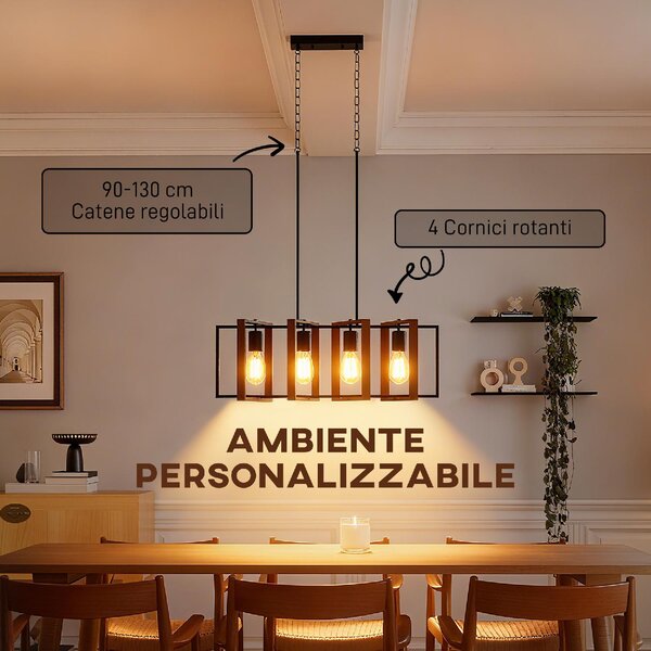 DecHome Lampadario a Sospensione Rustico con 4 Cornici Girevoli e Catena Regolabile 80x21x90-130 cm colore Nero/Marrone