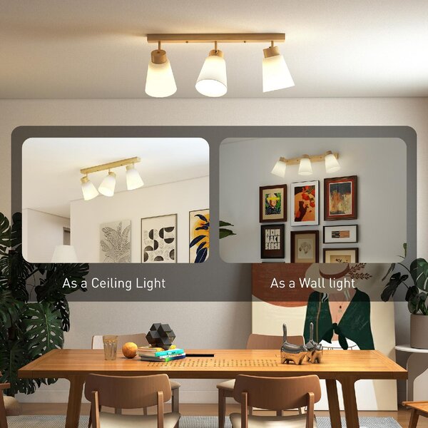 DecHome Lampadario da Soffitto con 3 Punti Luce Regolabili a 90 e Attacchi E27 colore Legno