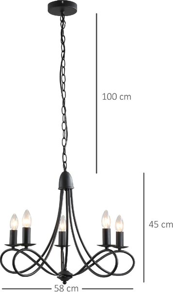 DecHome Lampadario Design Vintage Rustico a Soffitto con 5 Candelieri in Acciaio colore Nero