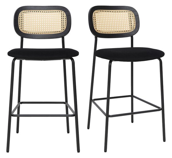 Sgabelli design in velluto nero, metallo nero e rattan intrecciato (set di 2) MIRANDA