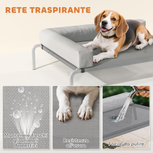 AllMyPets Lettino per Cani Rialzato di 20 cm con Cuscino a L in Poliestere e Acciaio 110x75x30 cm colore Grigio/Argento - R439LG