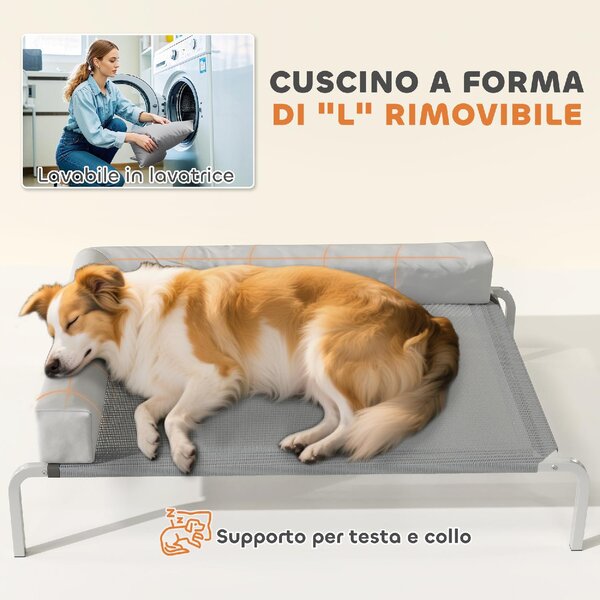 AllMyPets Lettino per Cani Rialzato di 20 cm con Cuscino a L in Poliestere e Acciaio 110x75x30 cm colore Grigio/Argento - R439LG