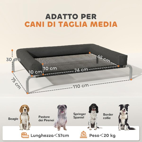 AllMyPets Lettino per Cani Rialzato di 19.5 cm con Cuscino a U in Poliestere e Acciaio 110x75x30 cm colore Nero/Argento - R438BK