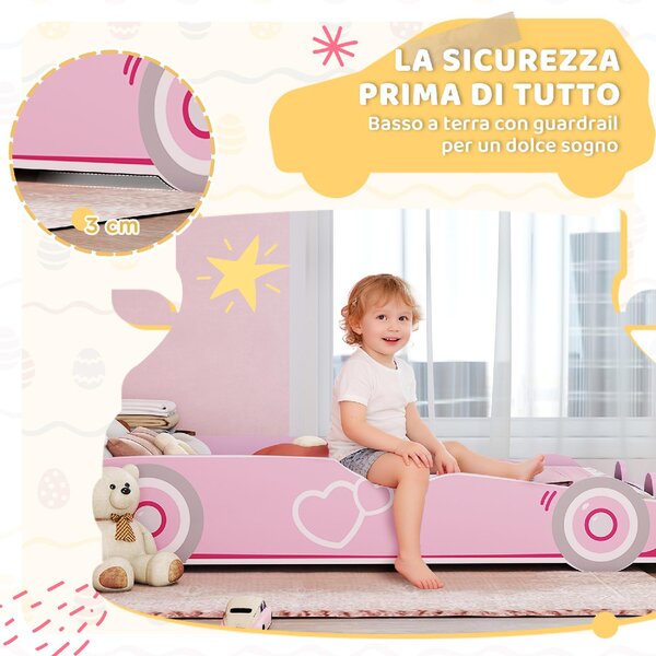 DecHome Letto per Bambini 3-5 Anni a Forma di Macchina con Sponde Laterali Anticaduta 140x70 cm colore Rosa
