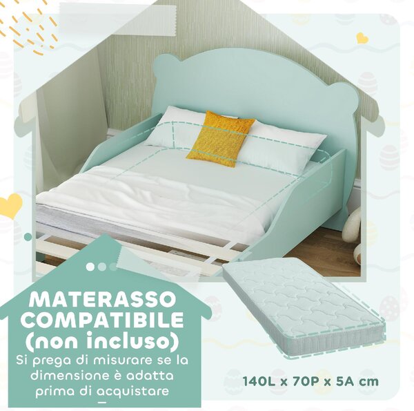 DecHome Letto per Bambini 3-6 Anni con Sponde Laterali Anticaduta 143.5x80x55 cm Testiera e Pediera a Orso colore Verde
