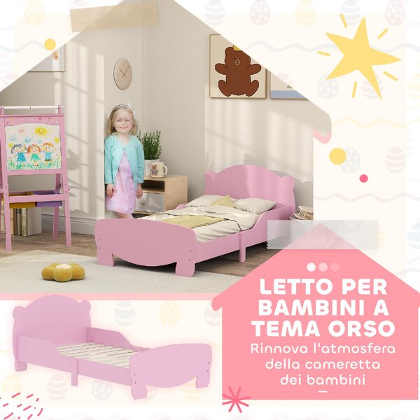 DecHome Letto per Bambini 3-6 Anni con Sponde Laterali Anticaduta 143.5x80x55 cm Testiera e Pediera a Orso colore Rosa
