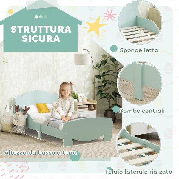 DecHome Letto per Bambini 3-6 Anni con Sponde Laterali Anticaduta 143.5x80x55 cm Testiera e Pediera a Orso colore Verde