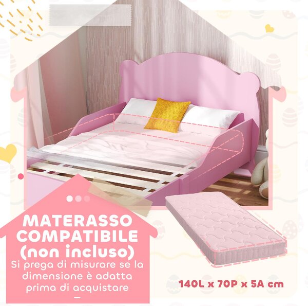 DecHome Letto per Bambini 3-6 Anni con Sponde Laterali Anticaduta 143.5x80x55 cm Testiera e Pediera a Orso colore Rosa