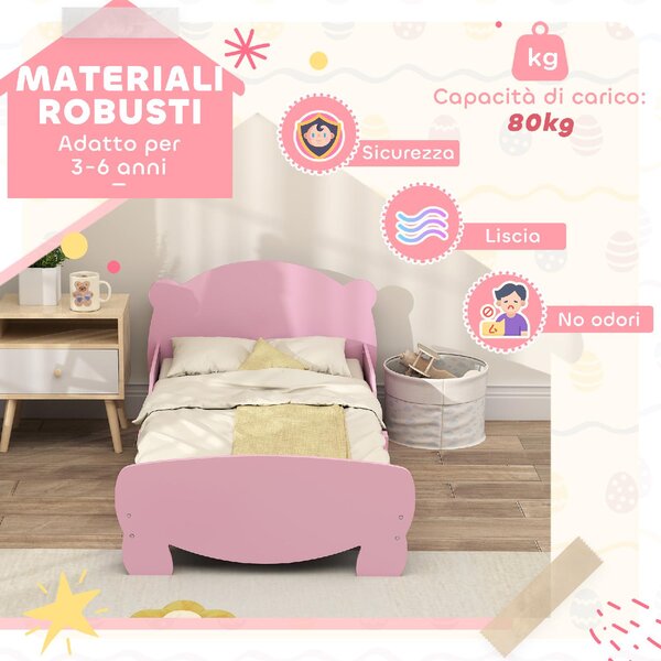 DecHome Letto per Bambini 3-6 Anni con Sponde Laterali Anticaduta 143.5x80x55 cm Testiera e Pediera a Orso colore Rosa