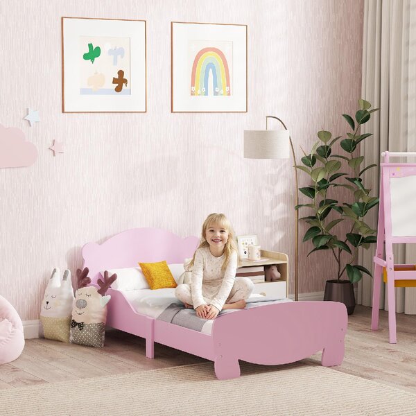 DecHome Letto per Bambini 3-6 Anni con Sponde Laterali Anticaduta 143.5x80x55 cm Testiera e Pediera a Orso colore Rosa