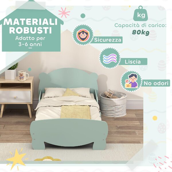 DecHome Letto per Bambini 3-6 Anni con Sponde Laterali Anticaduta 143.5x80x55 cm Testiera e Pediera a Orso colore Verde