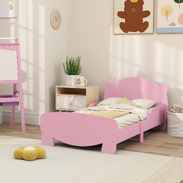 DecHome Letto per Bambini 3-6 Anni con Sponde Laterali Anticaduta 143.5x80x55 cm Testiera e Pediera a Orso colore Rosa