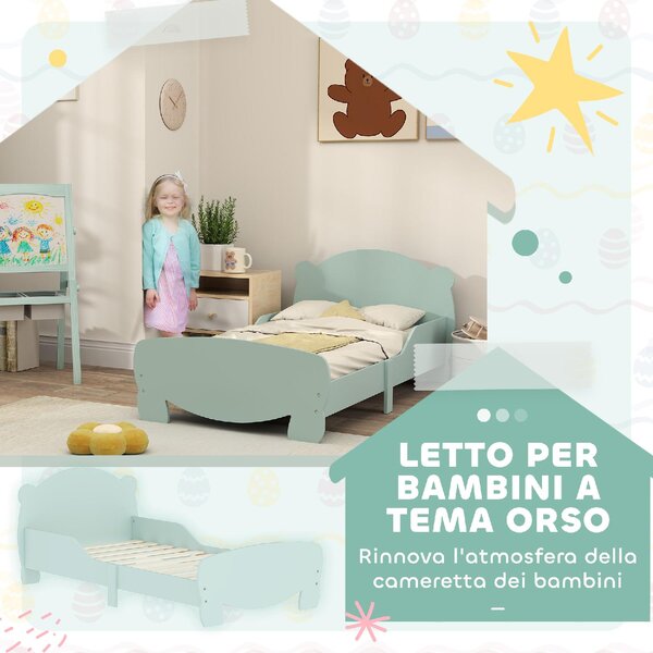 DecHome Letto per Bambini 3-6 Anni con Sponde Laterali Anticaduta 143.5x80x55 cm Testiera e Pediera a Orso colore Verde