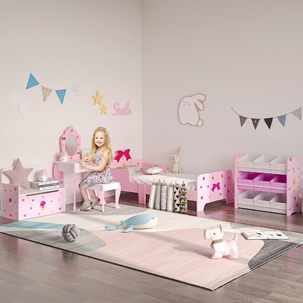 DecHome Letto per Bambini 3-6 Anni con Sponde Laterali Anticaduta 143x74x59 cm Fantasia a Fiocchi e Cuori colore Rosa