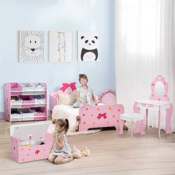 DecHome Letto per Bambini 3-6 Anni con Sponde Laterali Anticaduta 143x74x59 cm Fantasia a Fiocchi e Cuori colore Rosa