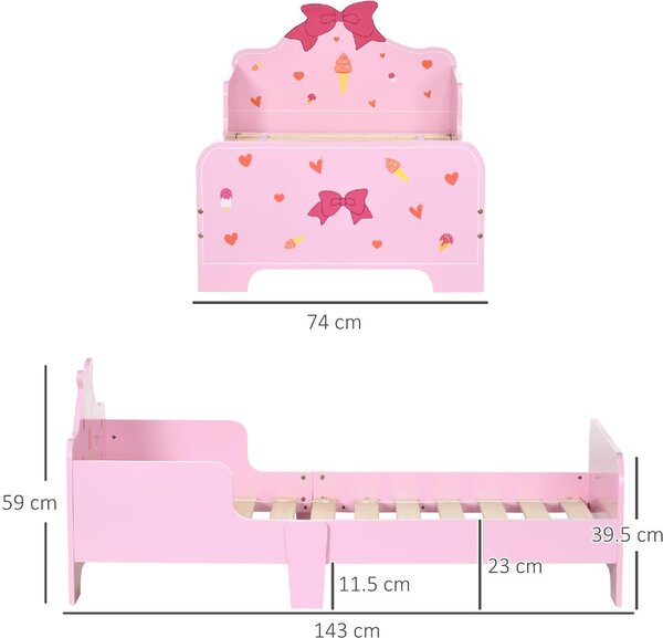 DecHome Letto per Bambini 3-6 Anni con Sponde Laterali Anticaduta 143x74x59 cm Fantasia a Fiocchi e Cuori colore Rosa