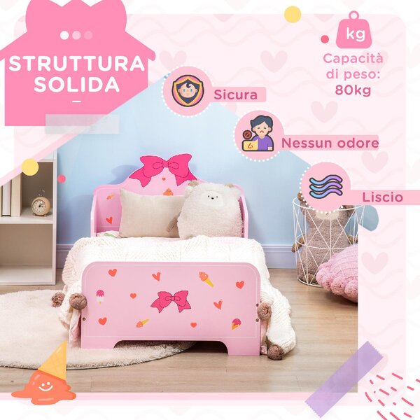DecHome Letto per Bambini 3-6 Anni con Sponde Laterali Anticaduta 143x74x59 cm Fantasia a Fiocchi e Cuori colore Rosa